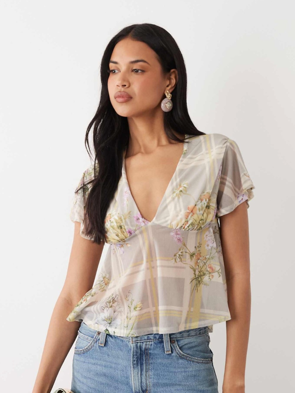 ASOS Floral Sheer V-Neck Short Sleeve Top - White/Cream